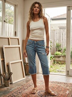 True Religion Vintage Beaded Distressed Star Long Denim Shorts